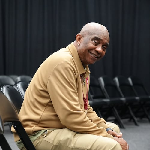 Freddie Hendricks, a middle school theater teacher at Utopian Academy for the Arts in Ellenwood, Ga., poses at the school on May 6, 2026. (Vinny Varsalona via AP)
