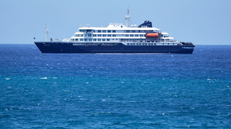 FILE - The MV Hondius cruise ship is anchored at a port in Praia, Cape Verde, May 4, 2026. (AP Photo/Arilson Almeida, File)