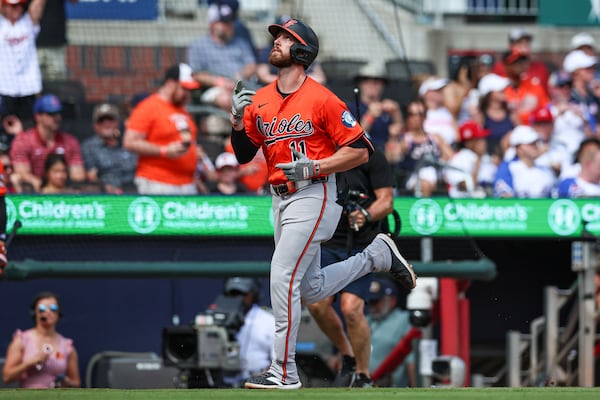 Baltimore Orioles' Jordan Westburg (11) reacts after hitting a two-run home run in the third inning of a baseball game against the Atlanta Braves, Saturday, July 5, 2025, in Atlanta. (AP Photo/Colin Hubbard)