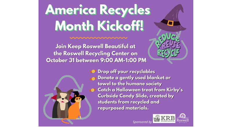 As part of "America Recycles" month in November, Keep Roswell Beautiful and the Roswell Recycling Center invite residents to drop off gently used blankets and towels for the local Humane Society. An America Recycles kickoff is set for 9 a.m. to 1 p.m. Saturday, Oct. 31.