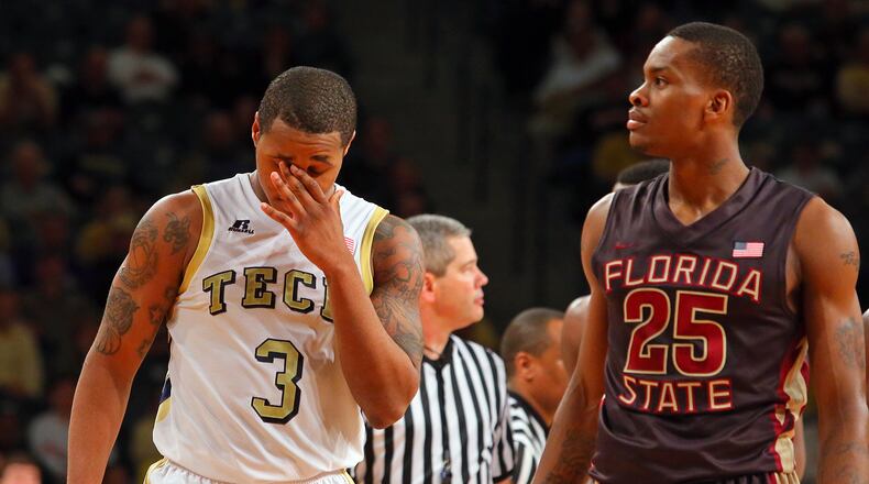020513 ATLANTA: Georgia Tech guard Macus Georges-Hunt reacts to turning the ball over to Florida State in the final minutes of a 56-54 loss to the Seminoles during the second half of their NCAA college basketball game on Tuesday, Feb. 5, 2013, in Atlanta. CURTIS COMPTON / CCOMPTON@AJC.COM