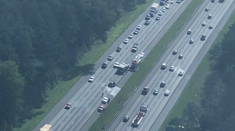 A bad wreck in Douglas County on I-20/eastbound near Lee Road caused big delays in both directions late in the rush hour on Friday, September 4th, 2020. Credit: Doug Turnbull, WSB Skycopter.