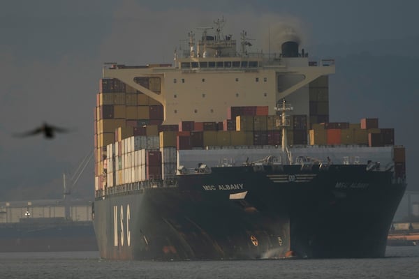 FILE - A container ship departs from the port of Santos in Brazil, April 1, 2025. (AP Photo/Andre Penner, File)