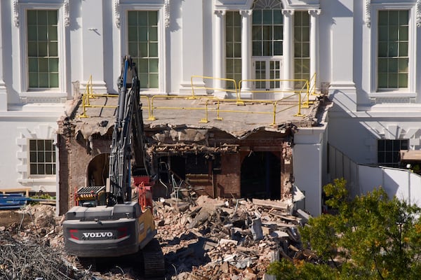Work continues on the demolition of a part of the East Wing of the White House, Thursday, Oct. 23, 2025, in Washington, before construction of a new ballroom. (AP Photo/Jacquelyn Martin)