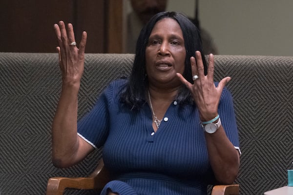 RowVaughn Wells, the mother of Tyre Nichols, answers a question while taking the stand as a witness during the first day of the criminal trial for the death of Nichols in Memphis, Tenn., on Monday, April 28, 2025. (Chris Day/Commercial Appeal/USA Today Network, via AP, Pool)