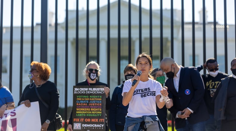 Bee Nguyen, a Georgia state representative and candidate for secretary of state, speaks Tuesday during a rally outside the White House about voting rights.