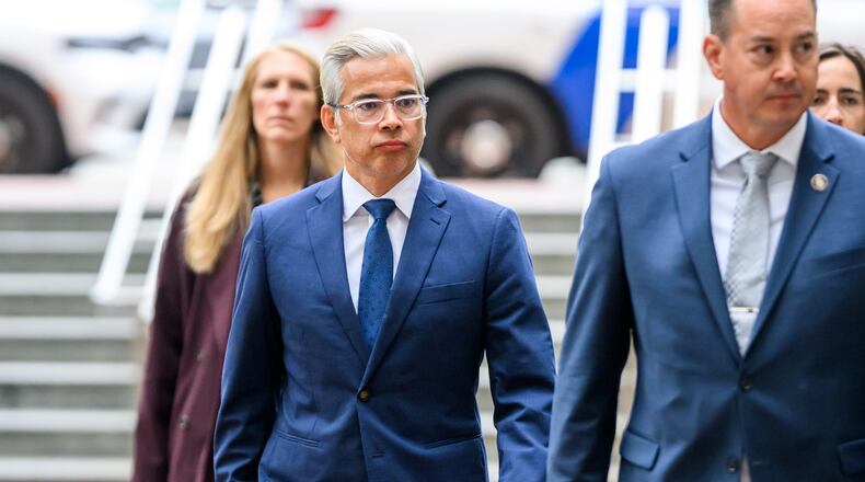 California Attorney General Rob Bonta arrives at the Ronald V. Dellums Federal Building and U.S. Courthouse on Tuesday, Aug. 18, 2026, in Oakland, Calif. (AP Photo/Noah Berger)