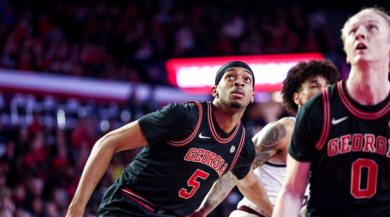 Georgia center Frank Anselem-Ibe (5) positions himself for a rebound during the Bulldogs' game against Texas A&M at Stegeman Coliseum in Athens Saturday, Mar. 2, 2024. (Olivia Wilson/UGA Athletic Association)