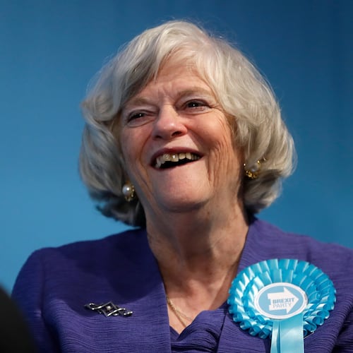 FILE -Ann Widdecombe, Brexit Party member, is interviewed after Nigel Farage, Leader of Britain's Brexit Party, spoke on stage at the launch of their policies for the General Election campaign, in London, Nov. 22, 2019. (AP Photo/Kirsty Wigglesworth, File)