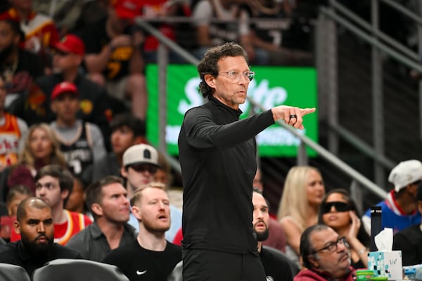 Atlanta Hawks head coach Quin Snyder calls a play in Game 4 of the NBA playoffs at State Farm Arena. (Daniel Varnado for the AJC)