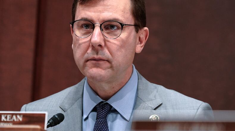FILE - Rep. Tom Kean, R-N.J., listens during a Subcommittee of the House Foreign Affairs about Belarus on Capitol Hill, Dec. 5, 2023, in Washington. (AP Photo/Mariam Zuhaib, file)