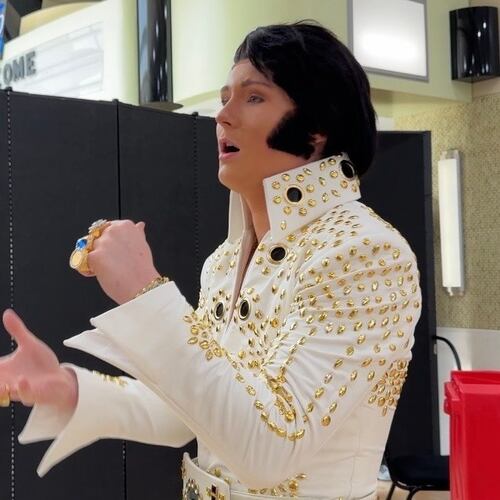 A teen tribute performer rehearses his rendition of "My Boy" at the Tupelo Elvis Festival's youth tribute artist competition. (Sophie Bates/AP)