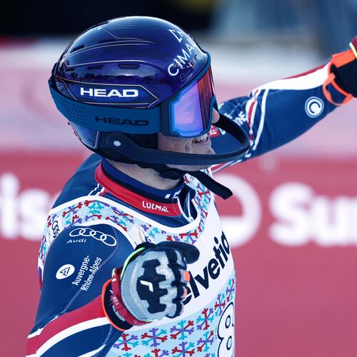 France's Paco Rassat reacts at the finish line during an alpine ski, men's World Cup slalom, in Adelboden, Switzerland, Sunday, Jan. 11, 2026. (AP Photo/Gabriele Facciotti)