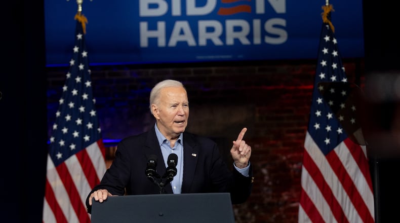 President Joe Biden talks at a rally at Pullman Yard on Saturday evening in Atlanta, March 9, 2024. (Steve Schaefer steve.schaefer@ajc.com)