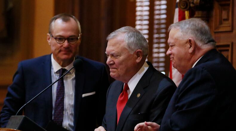 Gov. Nathan Deal with Lt. Gov. Casey Cagle and House Speaker David Ralston. BOB ANDRES /BANDRES@AJC.COM