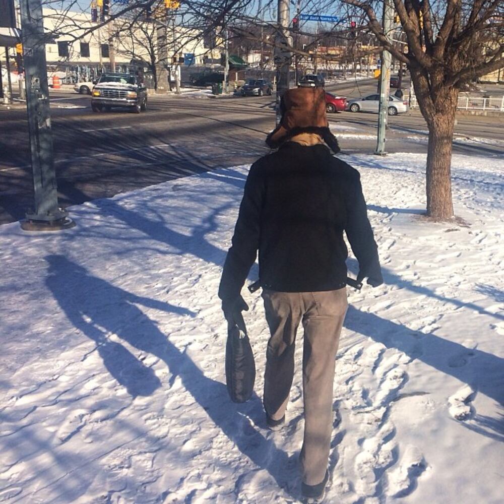 It's hard enough to walk on this stuff, let alone #run My trail shoes work OK, but I really wish I had track spikes for this #runography adventure across #atlanta #snowjam2014 #atlweather -- @ajcbgray
