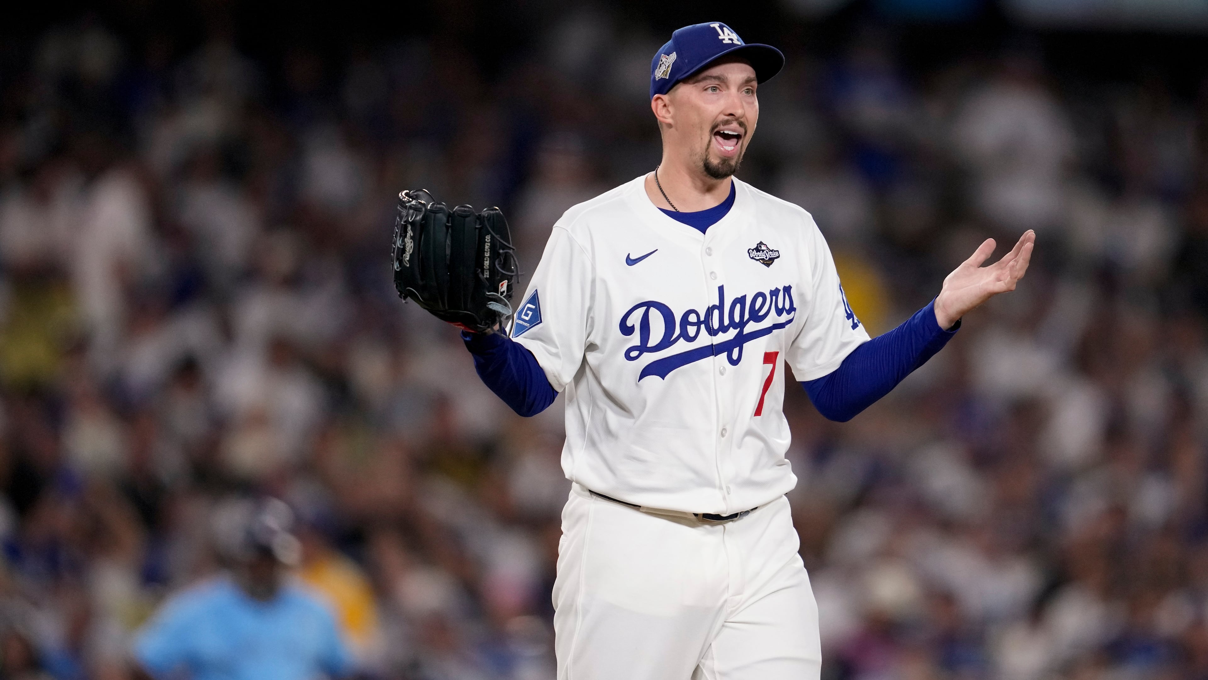 Los Angeles Dodgers' pitcher Blake Snell reacts to a call during the fifth inning in Game 5 of baseball's World Series against the Toronto Blue Jays, Wednesday, Oct. 29, 2025, in Los Angeles. (AP Photo/Ashley Landis)