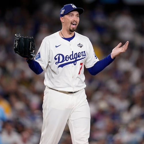 Los Angeles Dodgers' pitcher Blake Snell reacts to a call during the fifth inning in Game 5 of baseball's World Series against the Toronto Blue Jays, Wednesday, Oct. 29, 2025, in Los Angeles. (AP Photo/Ashley Landis)