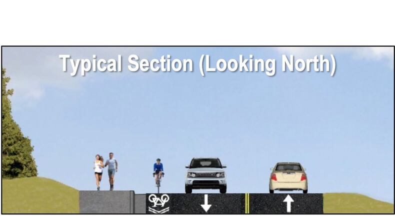 This shows the proposed typical section of  Barnwell Road after new sidewalks/trails and bike lanes are added. (Courtesy City of Johns Creek)