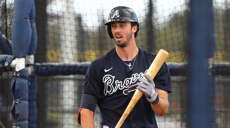 Infielder Braden Shewmake finishes his turn during batting practice. (Curtis Compton/ccompton@ajc.com)