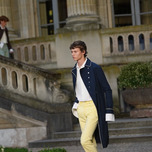 Models wear creations as part of the Dior Homme Spring Summer 2027 collection presented in Paris, France, Wednesday, June 24, 2026. (AP Photo/Aurelien Morissard)