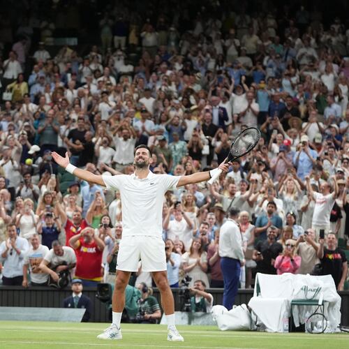 Novak Djokovic of Serbia celebrates winning against Felix Auger-Aliassime of Canada in their quarter-final men's singles match at the Wimbledon Tennis Championships in London, Tuesday, July 7, 2026. (AP Photo/Maja Smiejkowska)