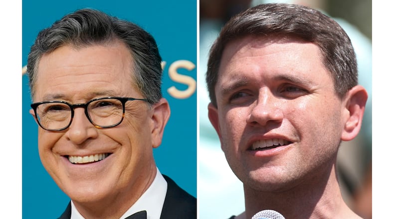 FILE - This photo combination shows Stephen Colbert, left, in Los Angeles, Sept. 12, 2022 and Texas Rep. James Talarico, Aug. 16, 2025, in Chicago. (AP Photo/Talia Sprague, Jae C. Hong, file)