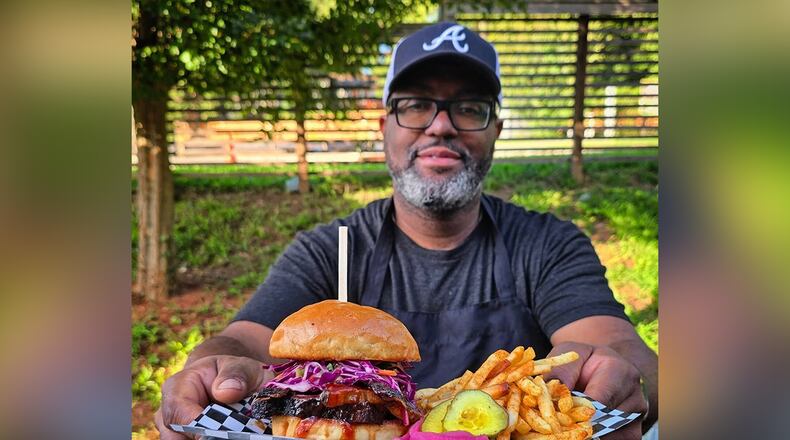 Jimmie Jackson of Jimmie's Jerk Barbecue and his brisket sandwich. (Courtesy of Jimmie's Jerk Barbecue)