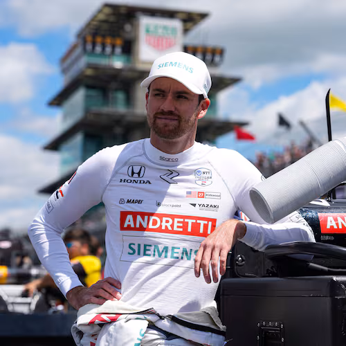 FILE - Kyle Kirkwood leans on a tool box as he waits for is turn during qualification for the Indianapolis 500 auto race at Indianapolis Motor Speedway in Indianapolis, May 17, 2025. (AP Photo/Michael Conroy, File)