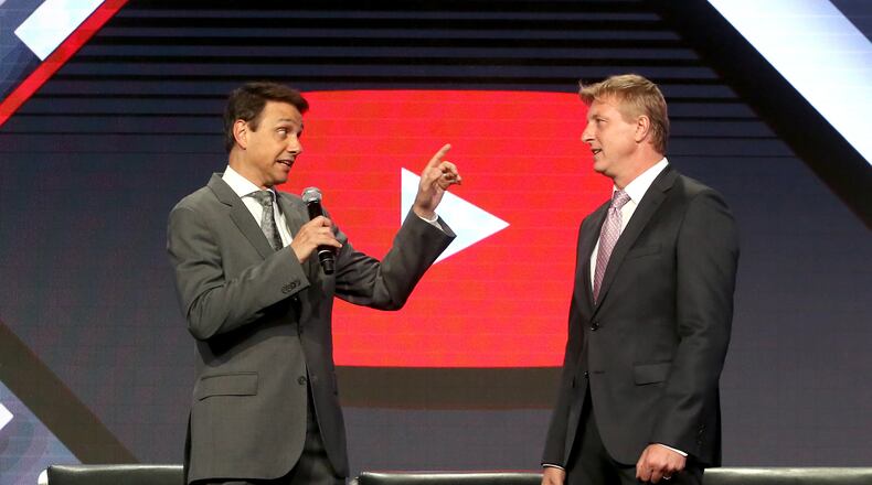 BEVERLY HILLS, CA - AUGUST 04: Actors Ralph Macchio (L) and William Zabka of 'Cobra Kai' speak onstage during the YouTube Red Originals Presentation portion of the 2017 Summer Television Critics Association Press Tour at The Beverly Hilton Hotel on August 4, 2017 in Beverly Hills, California. (Photo by Frederick M. Brown/Getty Images)
