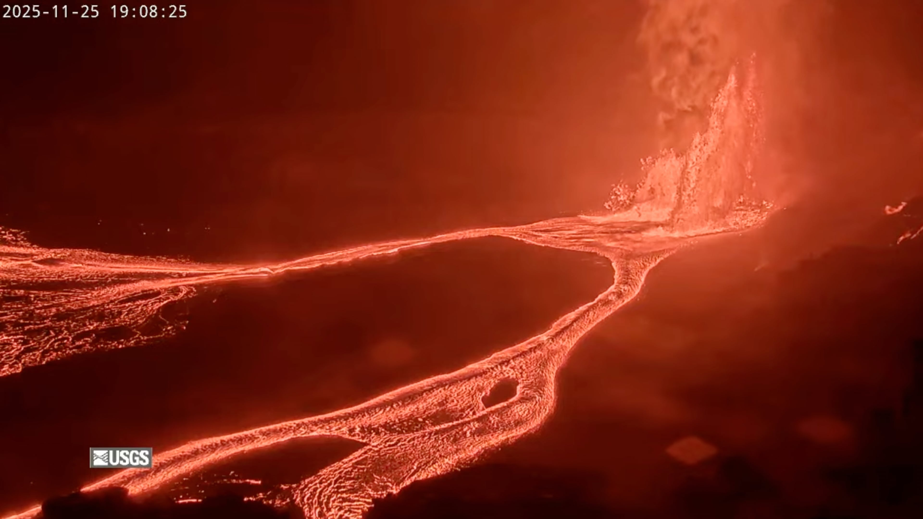 This image from video by the United States Geological Survey shows lava erupting from Kilauea volcano on Tuesday, Nov. 25, 2025, in Hawaii Volcanoes National Park, Hawaii. (USGS via AP)