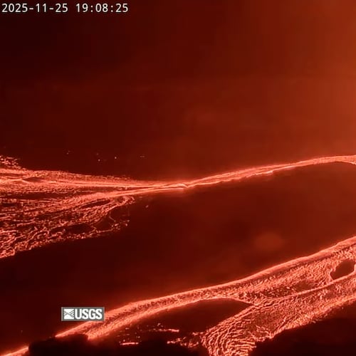 This image from video by the United States Geological Survey shows lava erupting from Kilauea volcano on Tuesday, Nov. 25, 2025, in Hawaii Volcanoes National Park, Hawaii. (USGS via AP)