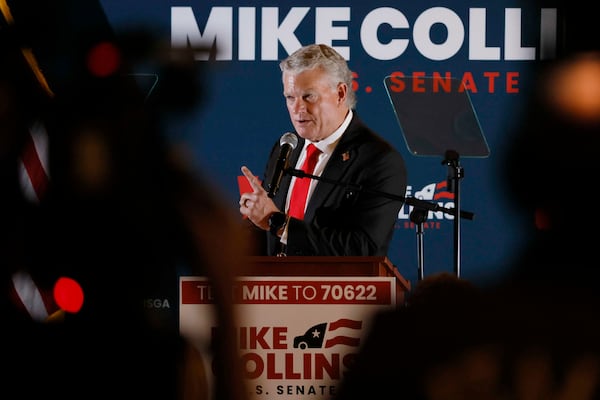 U.S. Rep. Mike Collins addresses his supporters after winning the Republican U.S. Senate nomination Tuesday, June 16, 2026. (Miguel Martinez/AJC)