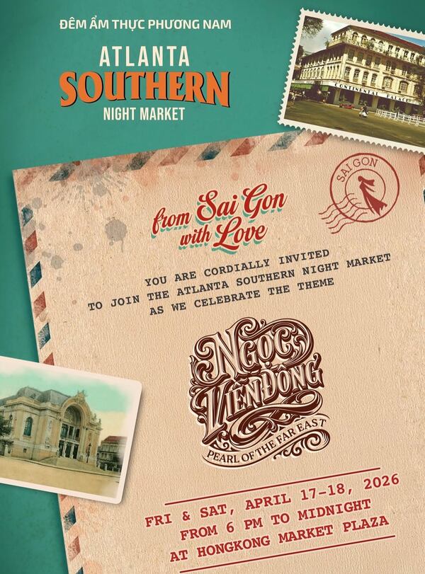 The flyer promoting the two night Asian Market event looks like a stylized vintage travel scrapbook page. There are two faded photos of large buildings, and the event information appears in typewriter font on what looks like an old airmail envelope.