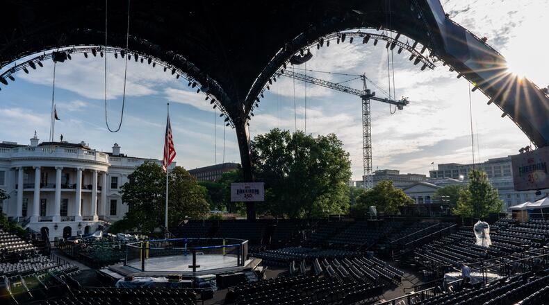 Members of the media view the arena for the UFC Freedom 250 fights on the South Lawn of the White House, Thursday, June 11, 2026, in Washington. (AP Photo/Alex Brandon)