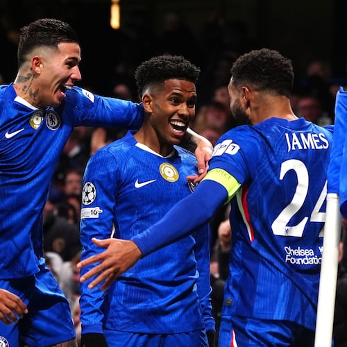 Chelsea's Estevao, second right, celebrates with his teammates after scoring his side's second goal during the Champions League opening phase soccer match between Chelsea and Barcelona in London, England, Tuesday, Nov. 25, 2025. (Bradley Collyer/PA via AP)