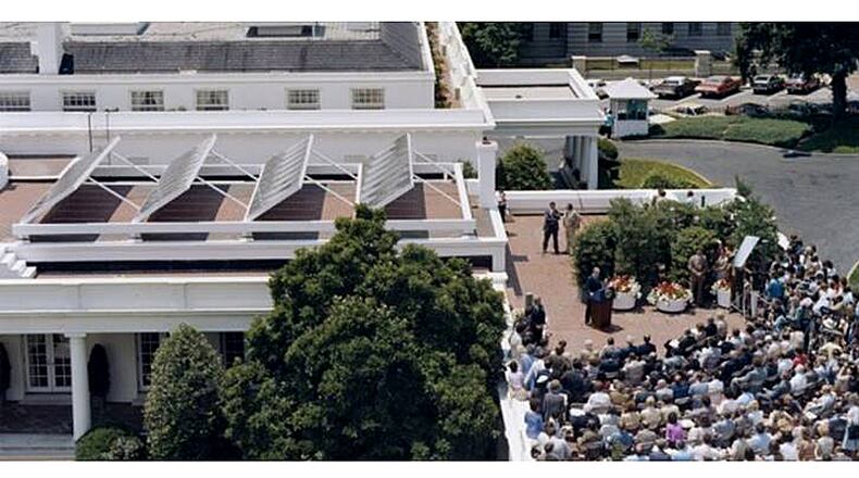 On June 20, 1979, President Jimmy Carter had 32 solar panels installed on the White House roof, a demonstration of using the sun’s energy to heat water. One of those panels will be installed June 20 on top of Mimosa Hall in Roswell. CITY OF ROSWELL