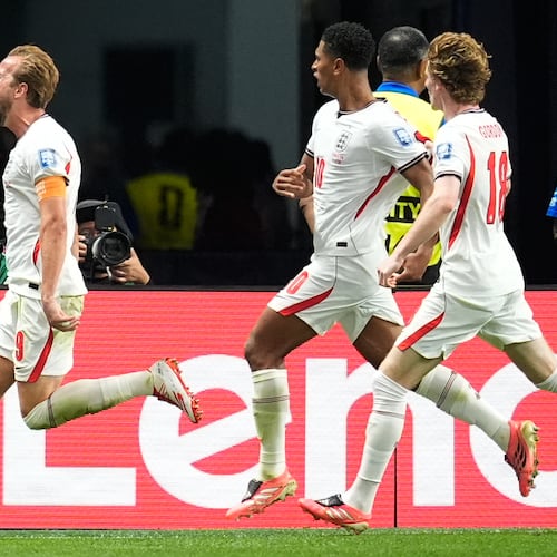 England's Harry Kane celebrates scoring his side's opening goal against Congo during a World Cup round of 32 soccer match in Atlanta, Wednesday, July 1, 2026. (AP Photo/Mike Stewart)