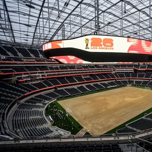 FILE - A general view shows SoFi Stadium in Inglewood, Calif., Tuesday, May 12, 2026, during a media event for the upcoming FIFA World Cup soccer tournament.. (AP Photo/Jae C. Hong,File)