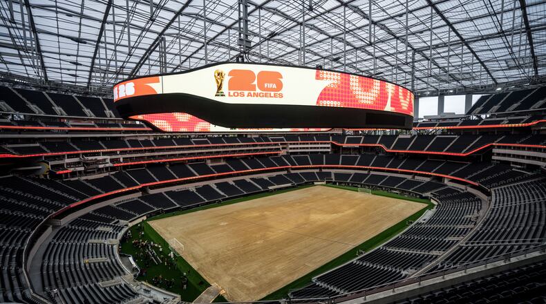 FILE - A general view shows SoFi Stadium in Inglewood, Calif., Tuesday, May 12, 2026, during a media event for the upcoming FIFA World Cup soccer tournament.. (AP Photo/Jae C. Hong,File)
