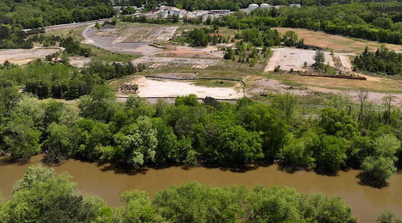 April 19, 2022 Atlanta -  Aerial photograph shows Chattahoochee Brick Company on Tuesday, April 19, 2022. A year and a half ago, a massive swath of land near the banks of the Chattahoochee River was on track to becoming a fuel terminal to move ethanol, oil and other commodities from train cars. With a vote by the Atlanta City Council on Monday, that land is now slated to become a 75-acre park with a memorial to historical atrocities that occurred there. (Hyosub Shin / Hyosub.Shin@ajc.com)