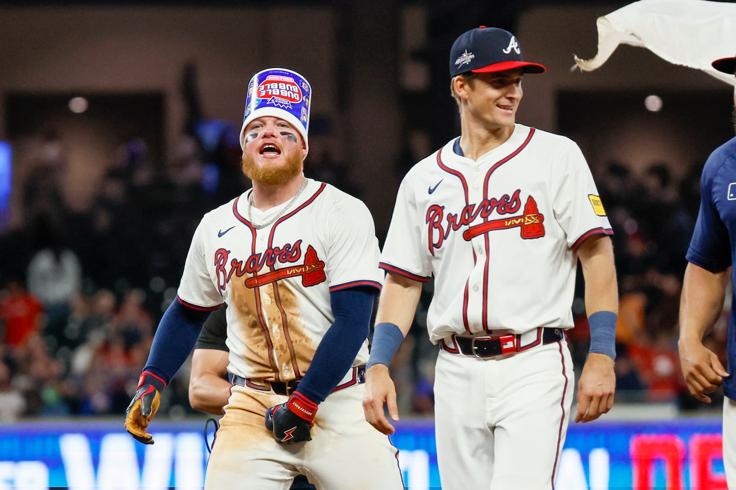 Atlanta Braves outfielder Alex Verdugo (8) reacts after hitting a walk-off single to beat the Washington Nationals 4-3 at Truist Park on Monday, May 12, 2025, in Atlanta.
(Miguel Martinez/ AJC)
