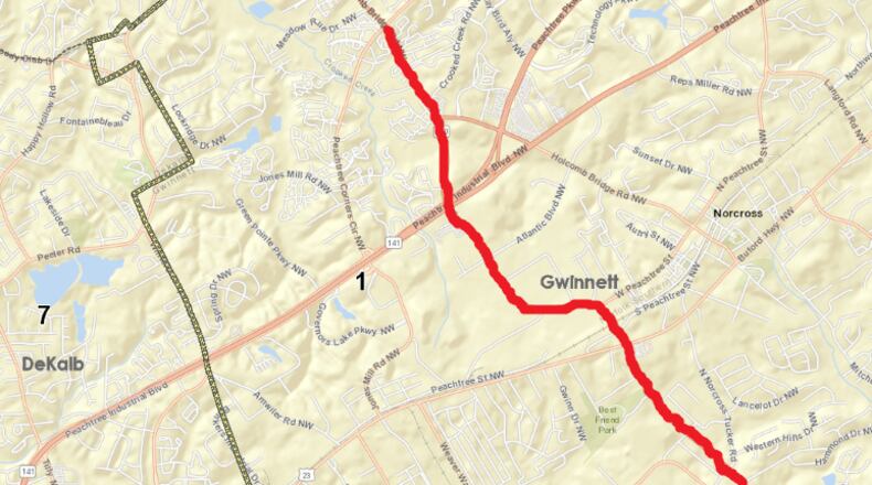 Pavement improvements will begin about a mile from the Fulton/Gwinnett county line in Peachtree Corners and extend south to Interstate 85 through Norcross. (Courtesy GDOT)