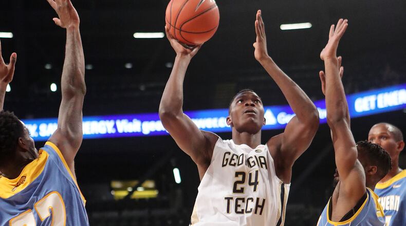 November 14, 2016, Atlanta: Georgia Tech forward Sylvester Ogbonda takes it to the basket against a pair of Southern Jaguars defenders in an NCAA college basketball game at McCamish Pavilion on Monday, Nov. 14, 2016, in Atlanta. Curtis Compton/ccompton@ajc.com