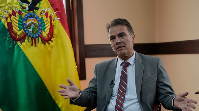 Bolivia's Vice Minister of Social Defense and Controlled Substances Ernesto Justiniano gives an interview in La Paz, Bolivia, Thursday, Feb. 12, 2026. (AP Photo/Juan Karita)
