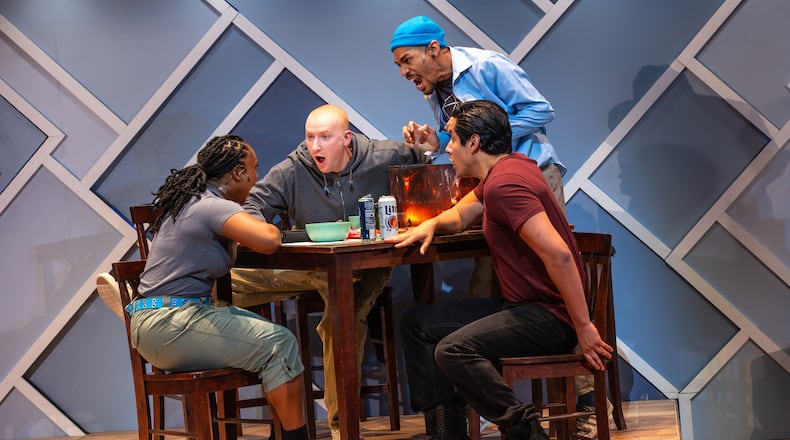 The cast of "Initiative," a world premiere from Atlanta playwright Jacob York, includes (from left) Avani Lesane, Cole Ferguson, Tyshawn Gooden and Julio Zaconet Valentin. Aurora Theatre is presenting it on the Lawrenceville Arts Center's Metro Waterproofing Stage through April 19. (Courtesy of Aurora Theatre)