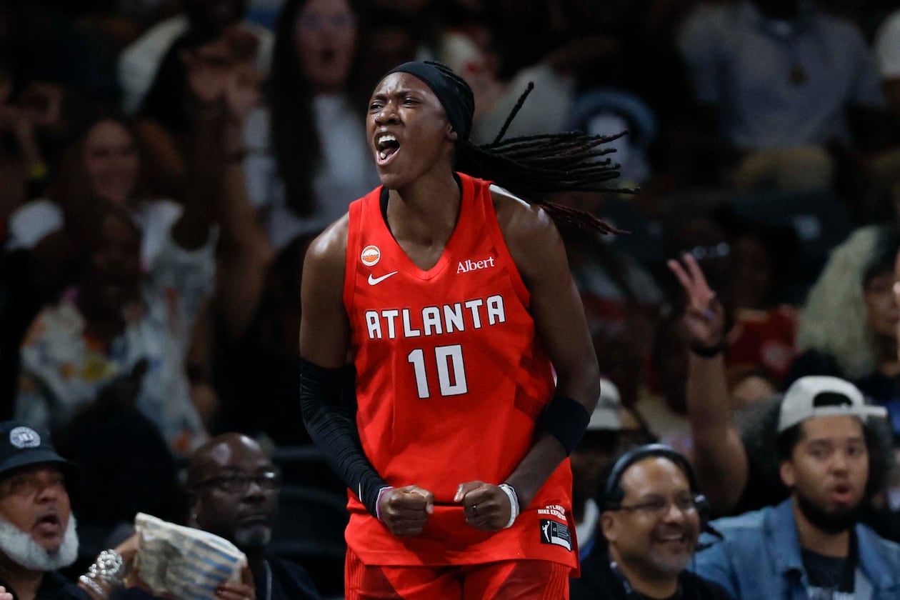 Dream guard Rhyne Howard (10) reacts after a 3-pointer in the second half against the Lynx on Sunday, Aug. 30, 2026, at Gateway Center Arena in Atlanta. Howard scored 16 points, and Atlanta won 89-81. (Miguel Martinez/AJC)
