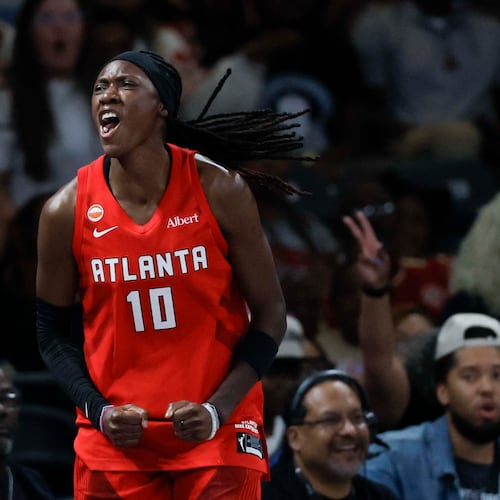 Dream guard Rhyne Howard (10) reacts after a 3-pointer in the second half against the Lynx on Sunday, Aug. 30, 2026, at Gateway Center Arena in Atlanta. Howard scored 16 points, and Atlanta won 89-81. (Miguel Martinez/AJC)