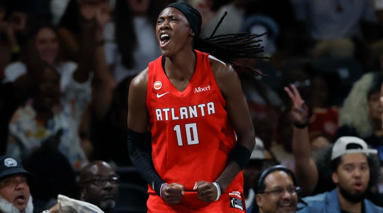 Dream guard Rhyne Howard (10) reacts after a 3-pointer in the second half against the Lynx on Sunday, Aug. 30, 2026, at Gateway Center Arena in Atlanta. Howard scored 16 points, and Atlanta won 89-81. (Miguel Martinez/AJC)