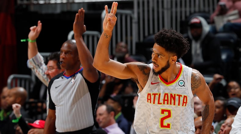 ATLANTA, GA - JANUARY 12: Tyler Dorsey #2 of the Atlanta Hawks reacts after hitting a three-point basket against the Brooklyn Nets at Philips Arena on January 12, 2018 in Atlanta, Georgia. NOTE TO USER: User expressly acknowledges and agrees that, by downloading and or using this photograph, User is consenting to the terms and conditions of the Getty Images License Agreement. (Photo by Kevin C. Cox/Getty Images)